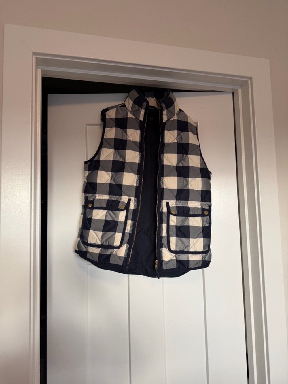 J. Crew Navy and White Buffalo Check Quilted Puffer Vest